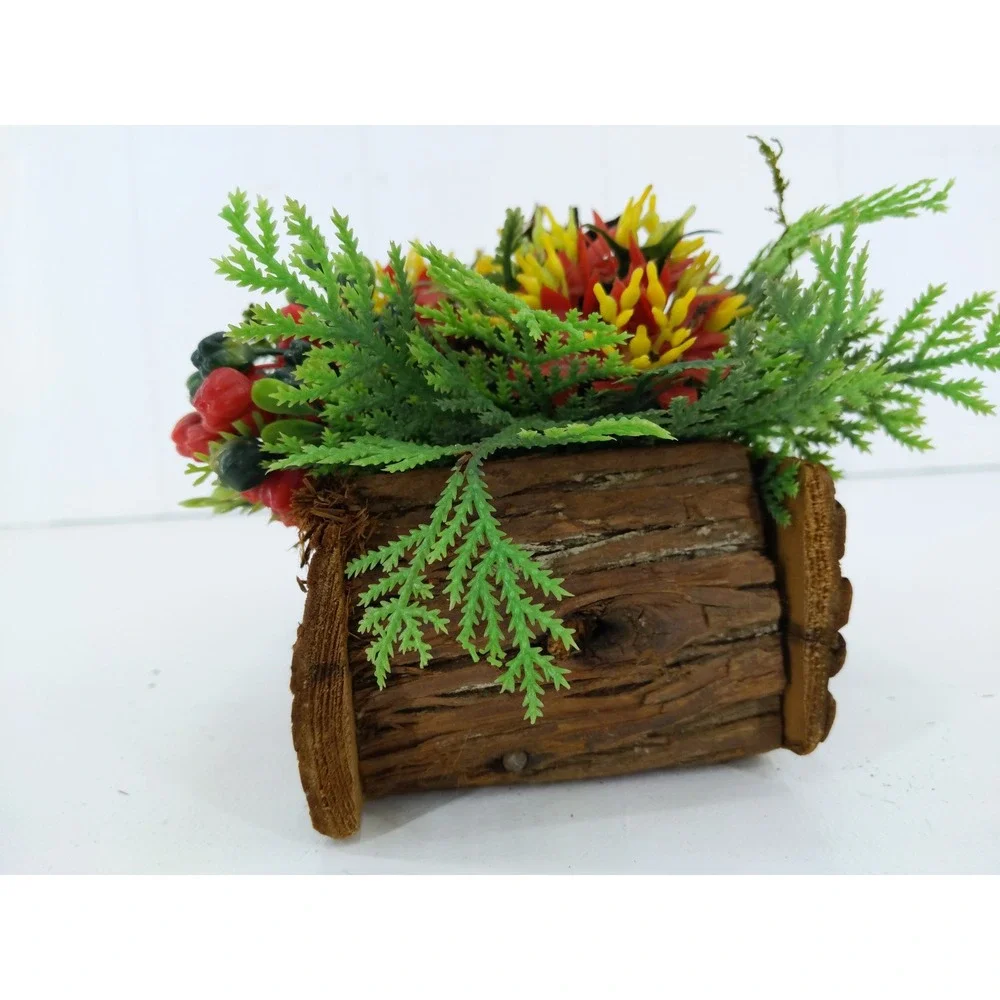 vtg Rustic Wooden Log‎ Box Plastic Floral Poinsettia Pinecone Centerpiece Xmas